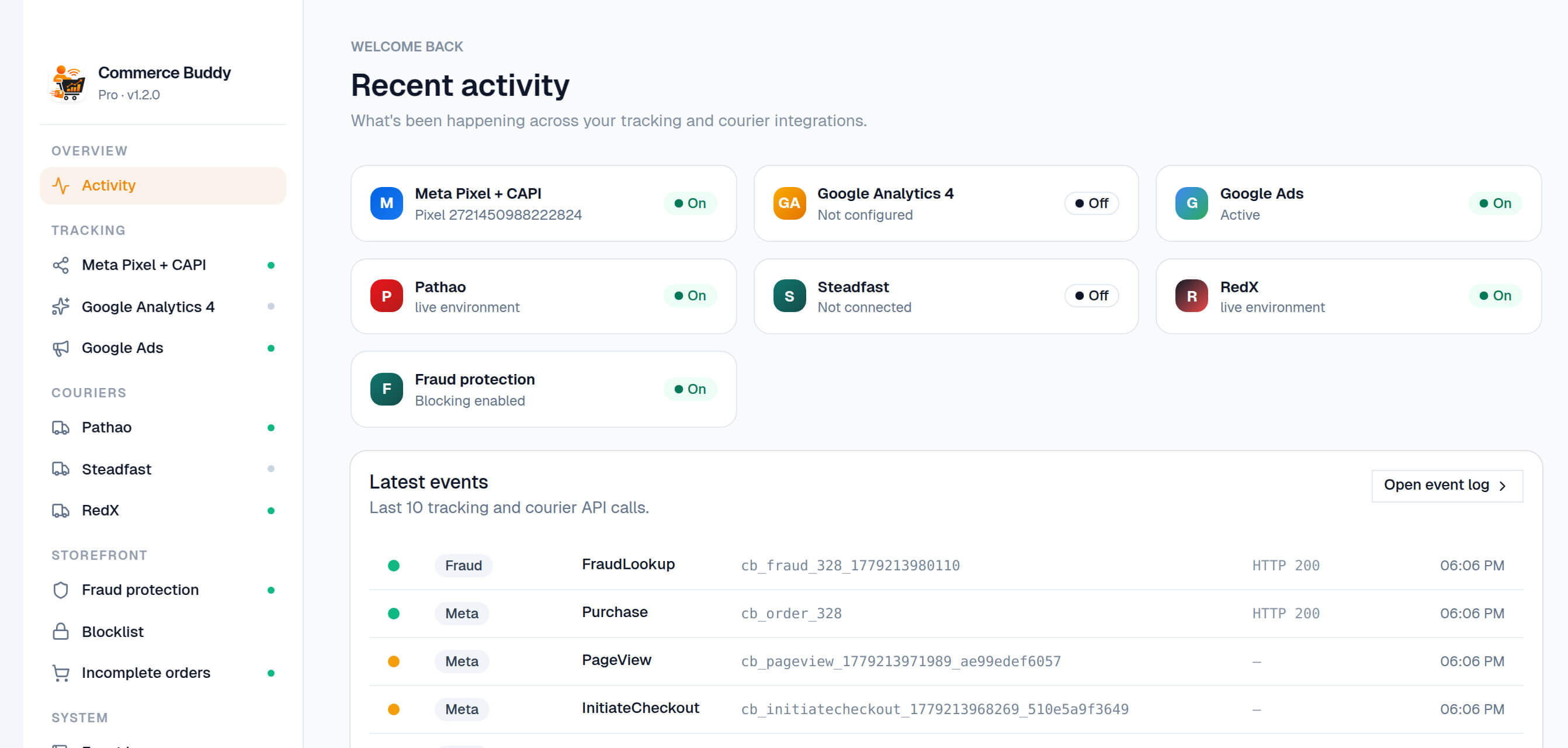 Commerce Buddy admin dashboard — recent tracking and courier activity
